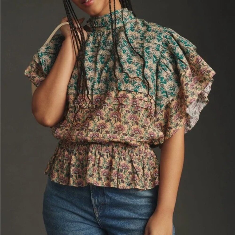 014 Anthropologie Let Me Be High Neck Printed Peasant Blouse NWOT Size XXS - Picture 2 of 14